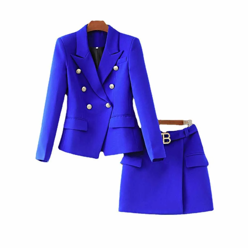 Women's Golden Lion Buttons Royal Blue Skirts Blazer Suit Jacket   High Waist Skirts Belt Suit