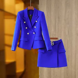 Women's Golden Lion Buttons Royal Blue Skirts Blazer Suit Jacket   High Waist Skirts Belt Suit