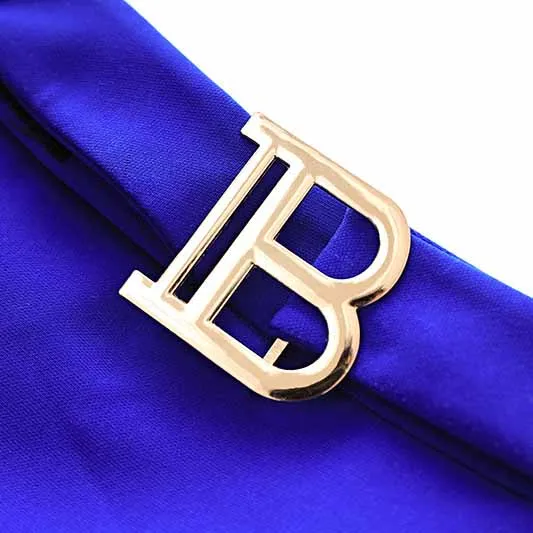 Women's Golden Lion Buttons Royal Blue Skirts Blazer Suit Jacket   High Waist Skirts Belt Suit