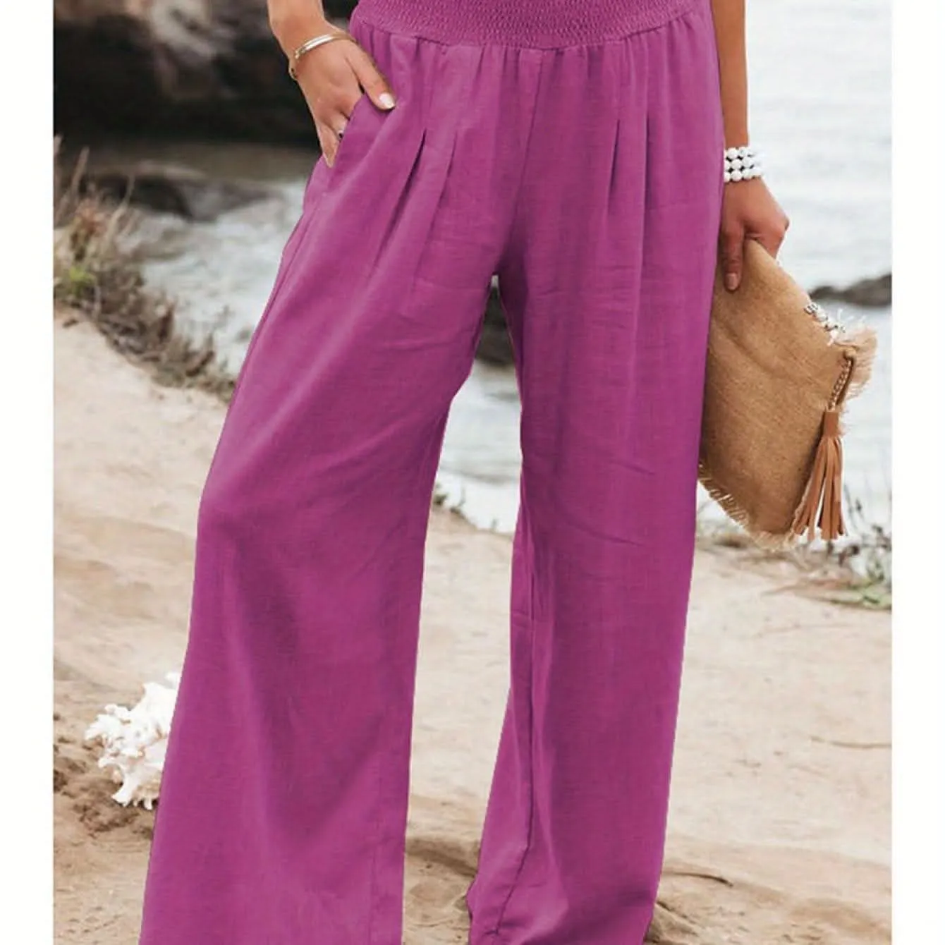 Womens High Waist Wide Leg Linen Pleated Trousers Rose Red - By Lustmia