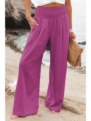 Womens High Waist Wide Leg Linen Pleated Trousers Rose Red - By Lustmia