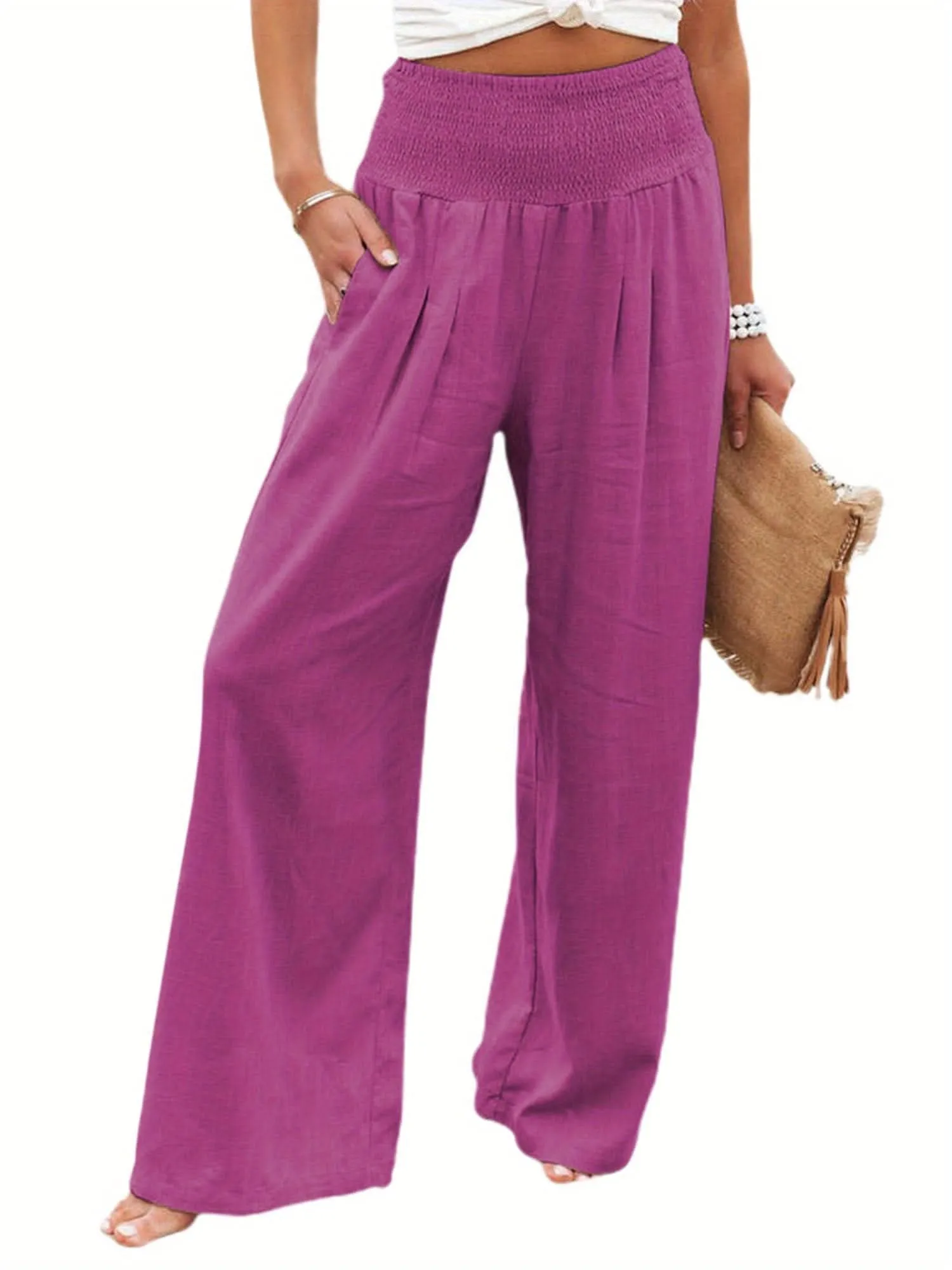 Womens High Waist Wide Leg Linen Pleated Trousers Rose Red - By Lustmia