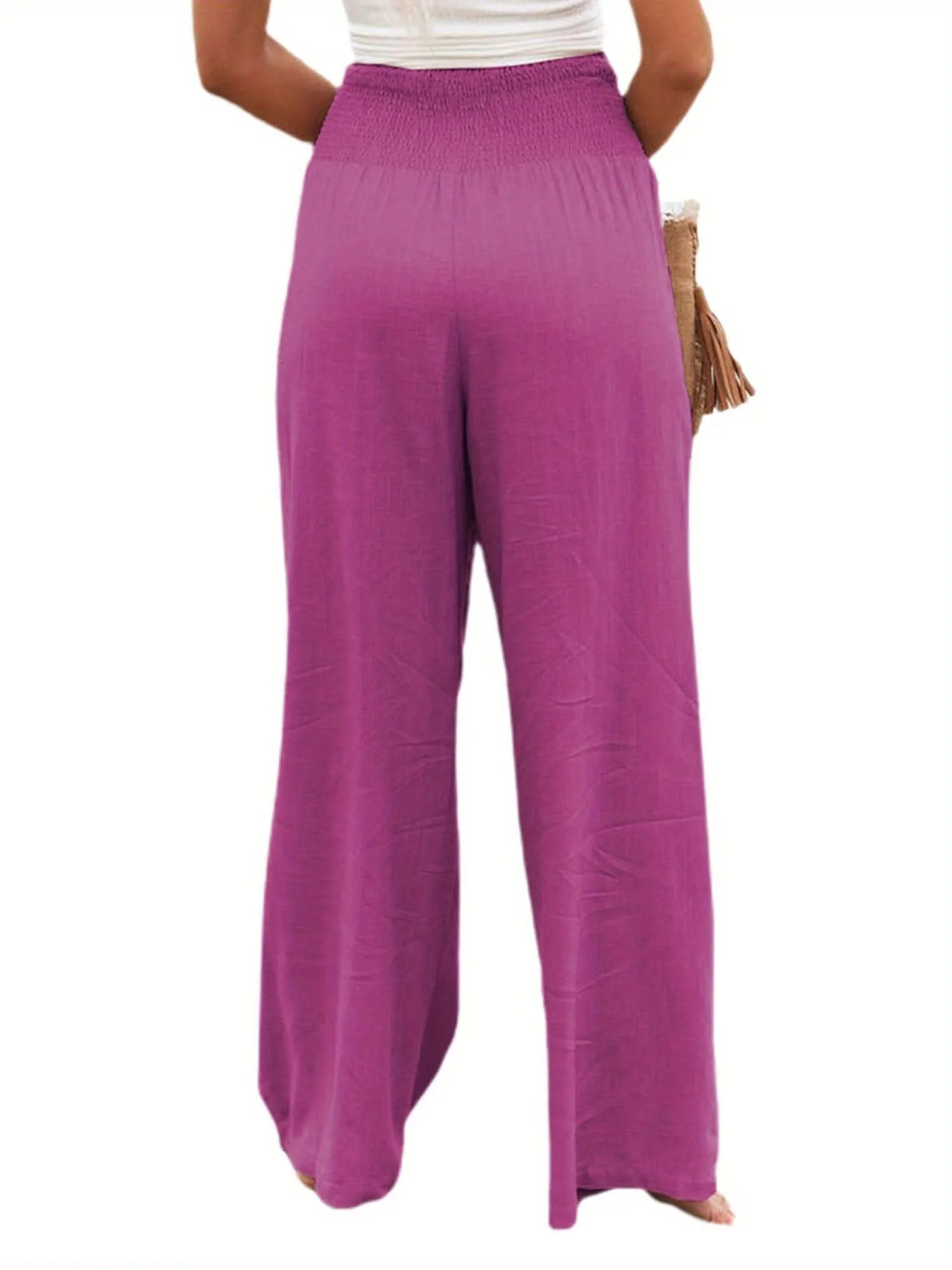 Womens High Waist Wide Leg Linen Pleated Trousers Rose Red - By Lustmia