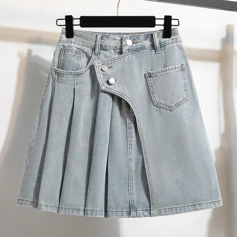 Women's Irregular Fashion Designer Pleated Denim Skirts (Plus Size)