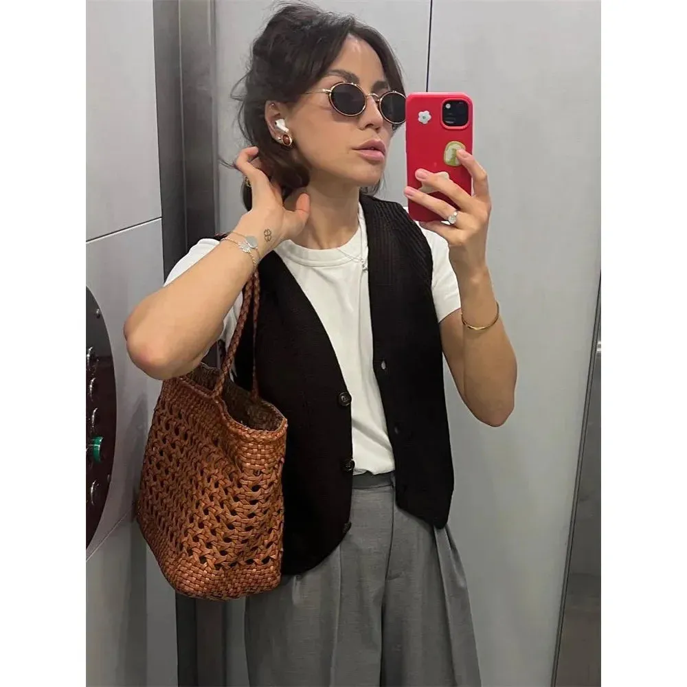 Women's Knit Casual Ribbed Solid Slim V-Neck Vest Cardigan