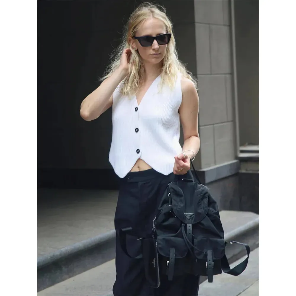 Women's Knit Casual Ribbed Solid Slim V-Neck Vest Cardigan