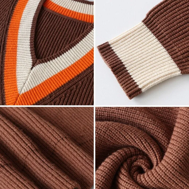 Women's Knitted Striped Pattern V-Neck Oversized Sweaters