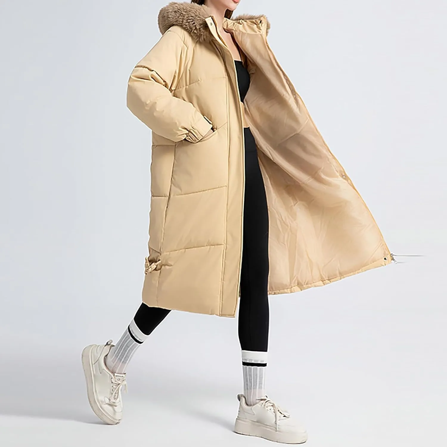 Women's Long Down Overcoats Full Zip Up Puffer Jacket Coat Thickened Warm Windproof Parkas Outwear with Faux Fur Hood