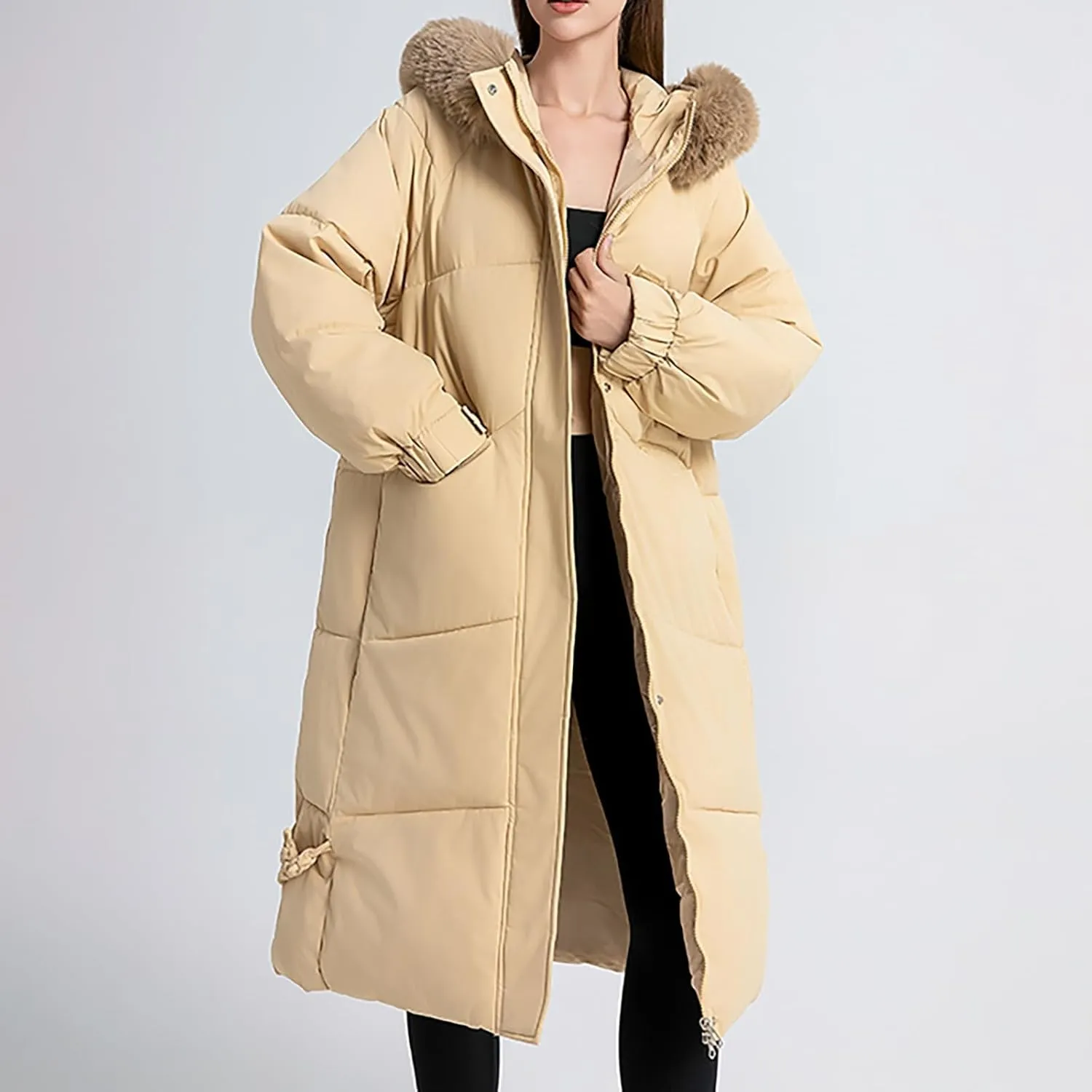 Women's Long Down Overcoats Full Zip Up Puffer Jacket Coat Thickened Warm Windproof Parkas Outwear with Faux Fur Hood