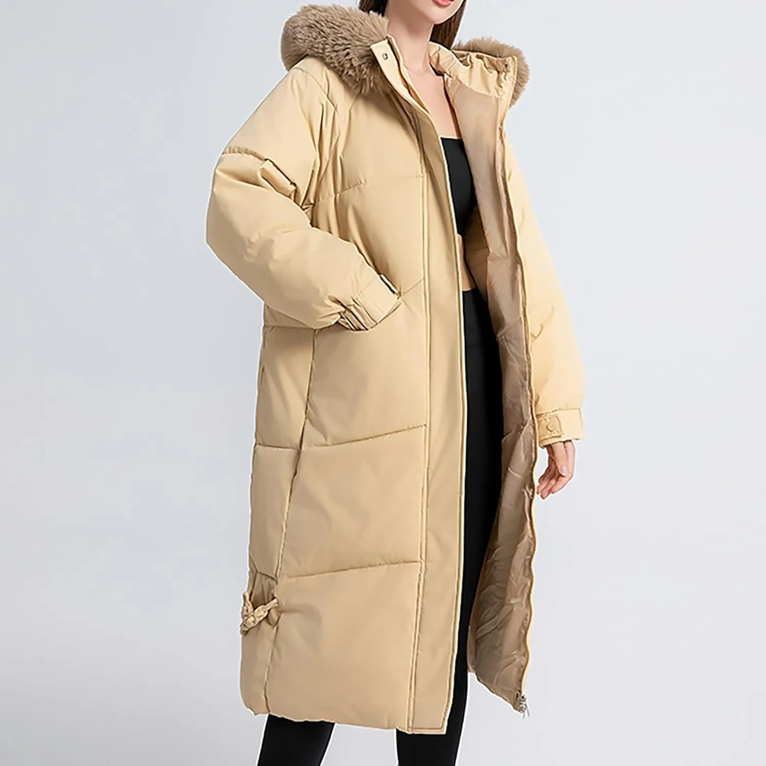 Women's Long Down Overcoats Full Zip Up Puffer Jacket Coat Thickened Warm Windproof Parkas Outwear with Faux Fur Hood
