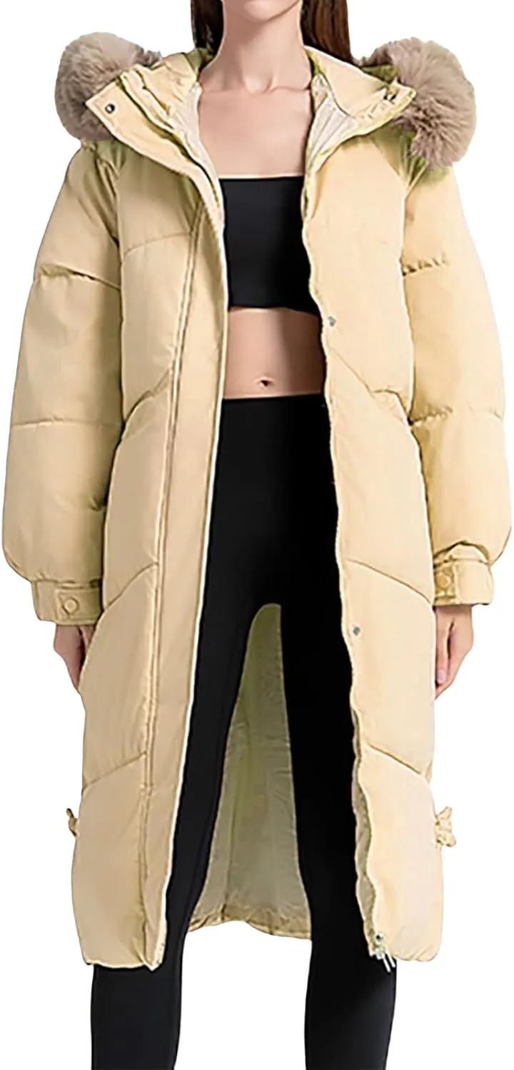 Women's Long Down Overcoats Full Zip Up Puffer Jacket Coat Thickened Warm Windproof Parkas Outwear with Faux Fur Hood
