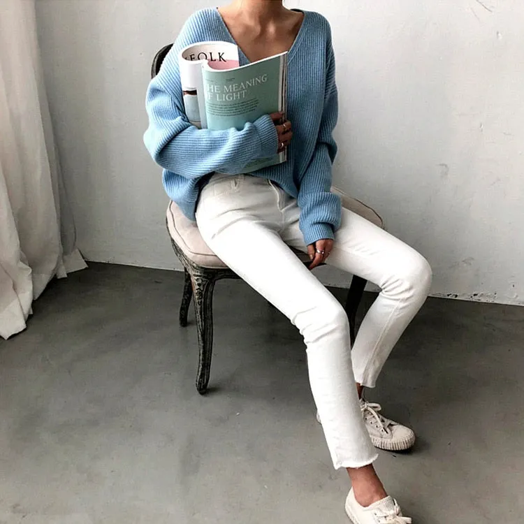 Women's Loose Style V Neck Sweaters