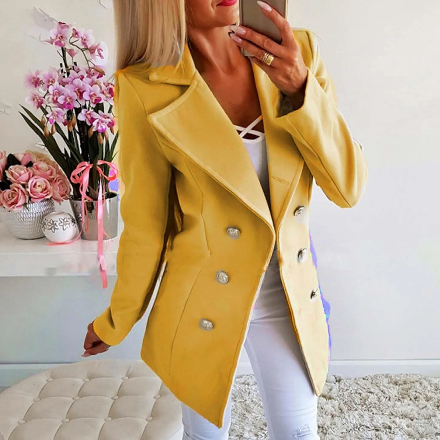 Womens Notched Lapel Trench Coat Double Breasted Winter Warm Quilted Overcoat Business Work Office Suits Pea Jacket