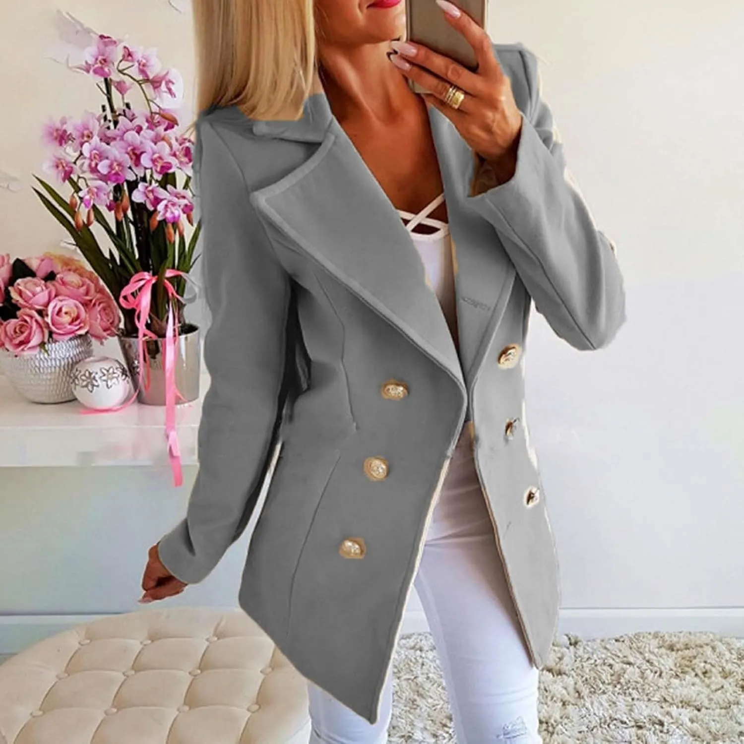Womens Notched Lapel Trench Coat Double Breasted Winter Warm Quilted Overcoat Business Work Office Suits Pea Jacket