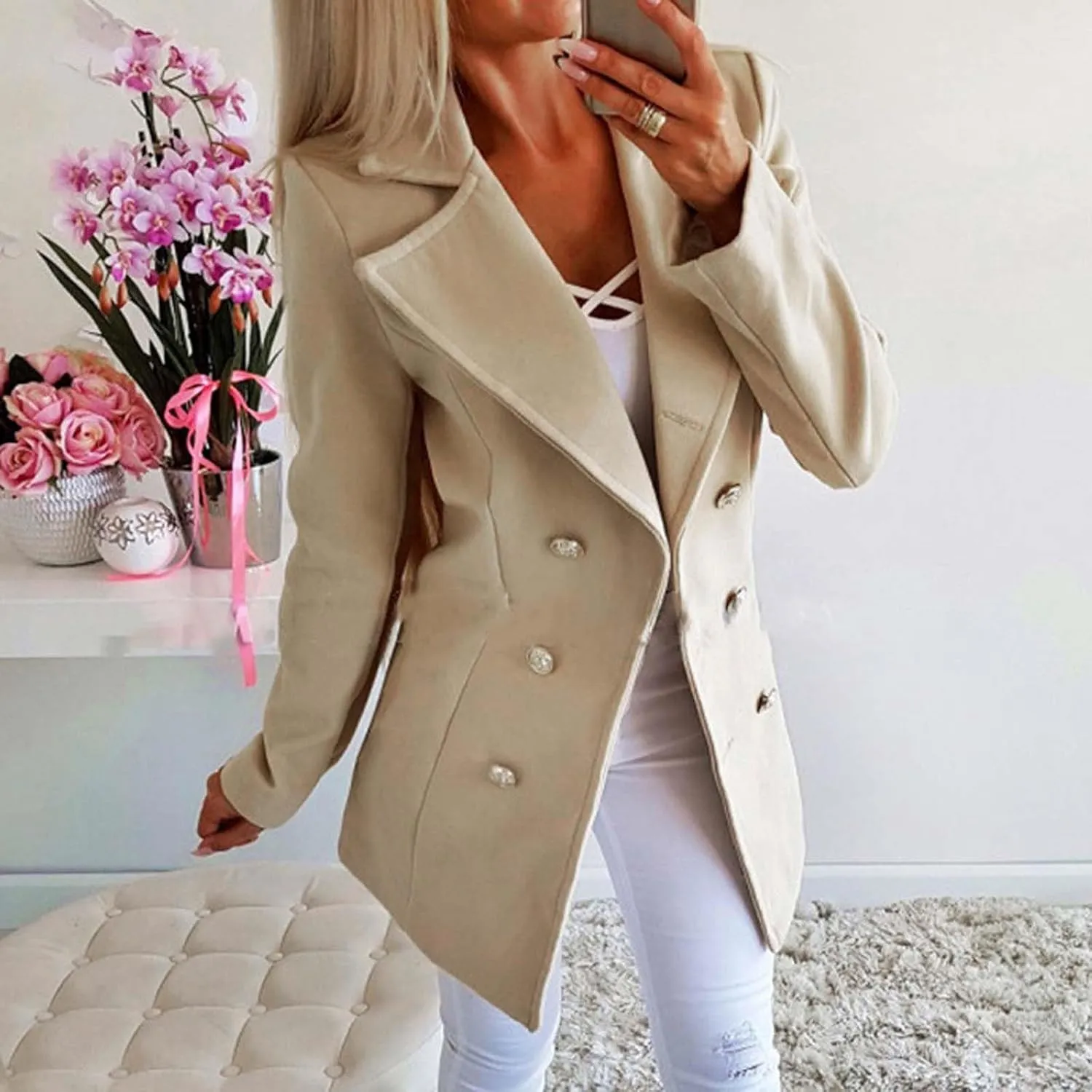 Womens Notched Lapel Trench Coat Double Breasted Winter Warm Quilted Overcoat Business Work Office Suits Pea Jacket