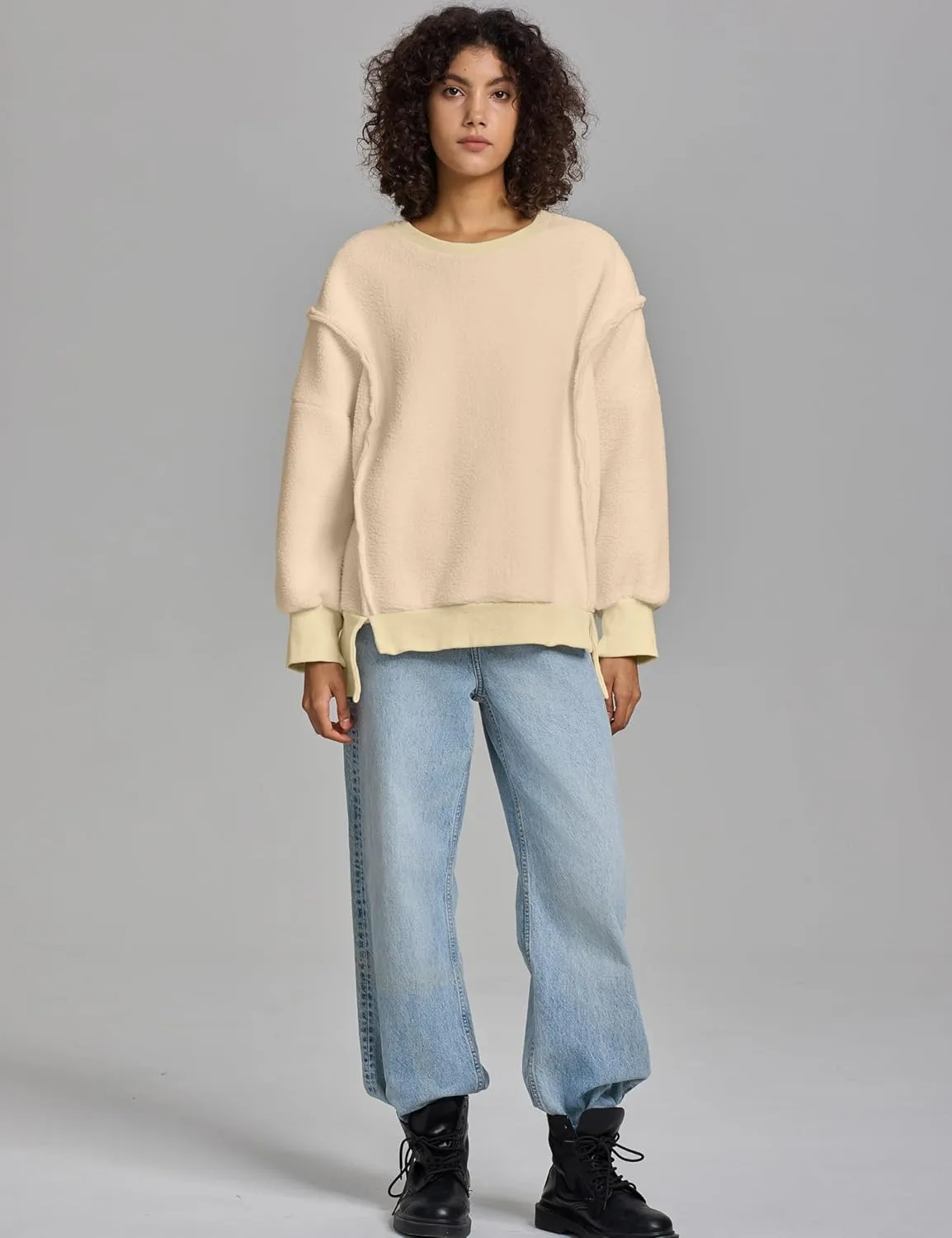 Women’s Oversized Crewneck Fuzzy Fleece Sweatshirts Fall Winter Warm Trendy Patchwork Sherpa Pullover Top 2024