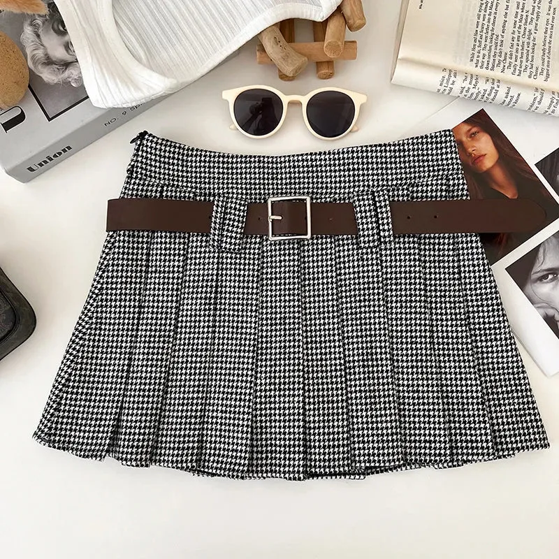 Women's Pleated Tartan Fashion Designer High Waist Mini Skirts (Short)