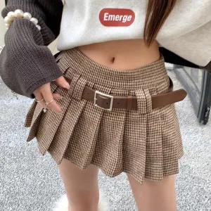 Women's Pleated Tartan Fashion Designer High Waist Mini Skirts (Short)