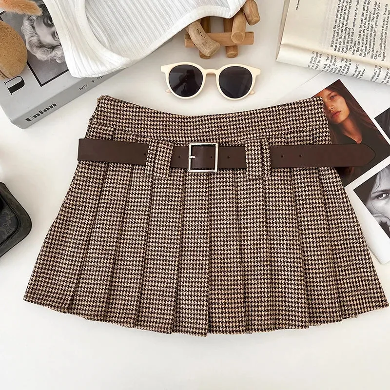 Women's Pleated Tartan Fashion Designer High Waist Mini Skirts (Short)