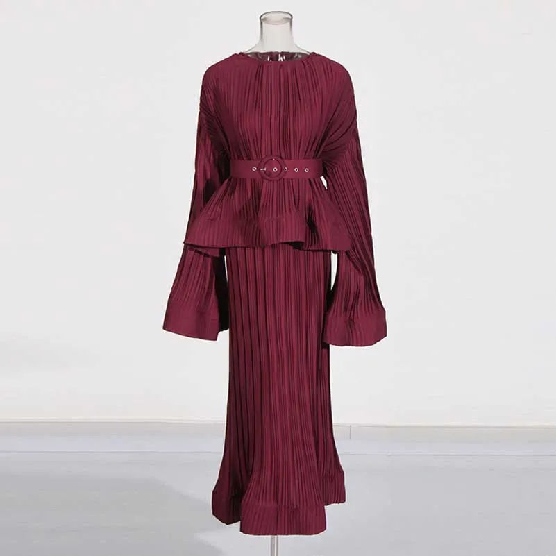 Women's Pleated Top and Skirt Set Maxi Skirt Suit With Belt
