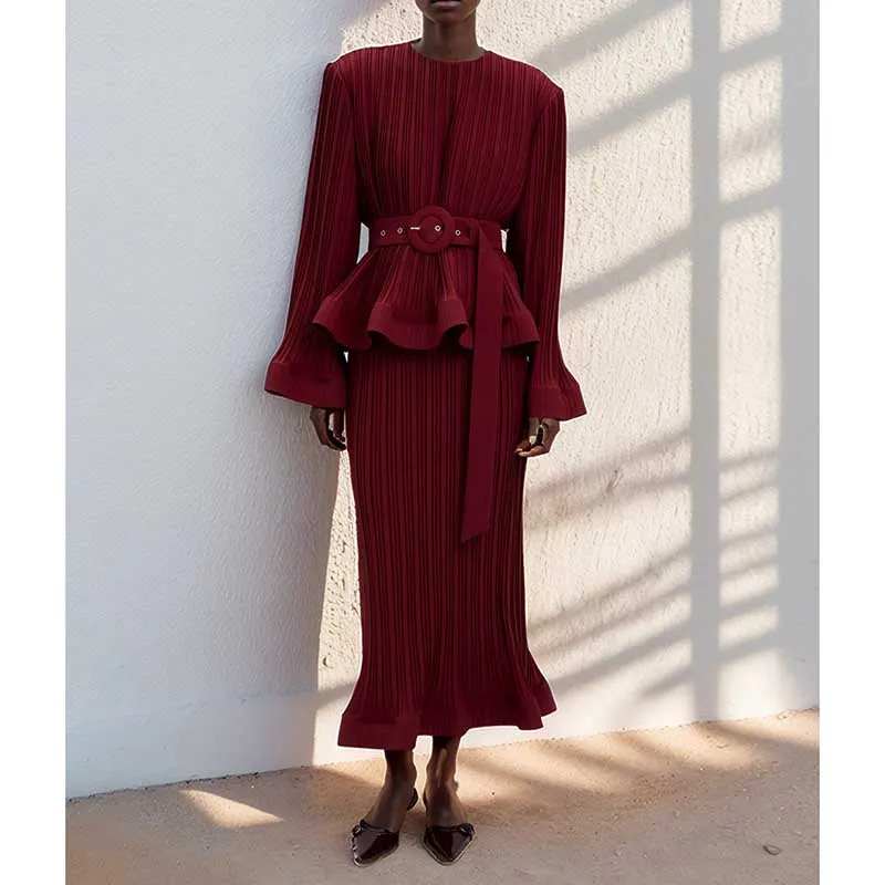Women's Pleated Top and Skirt Set Maxi Skirt Suit With Belt