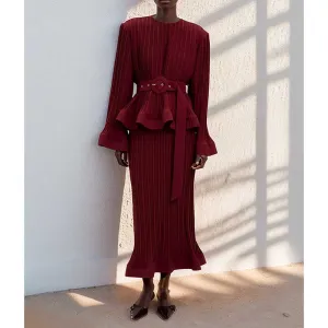Women's Pleated Top and Skirt Set Maxi Skirt Suit With Belt
