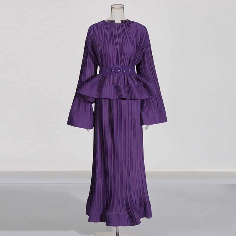 Women's Pleated Top and Skirt Set Maxi Skirt Suit With Belt
