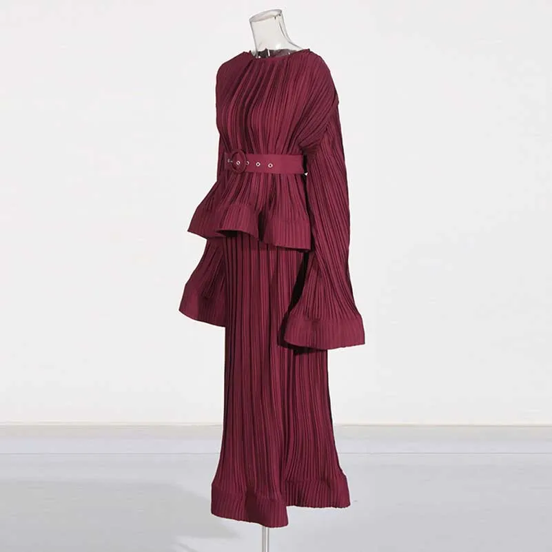 Women's Pleated Top and Skirt Set Maxi Skirt Suit With Belt