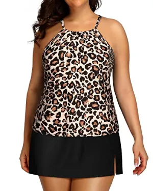 Women's Plus Size Swimsuit Skirt High Waisted Tankini Bottom-Black And Leopard