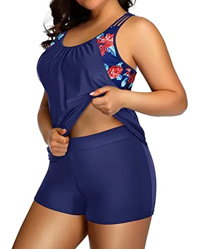 Womens Plus Size Tankini Swimsuit With Blouson Top And Shorts-Blue Floral