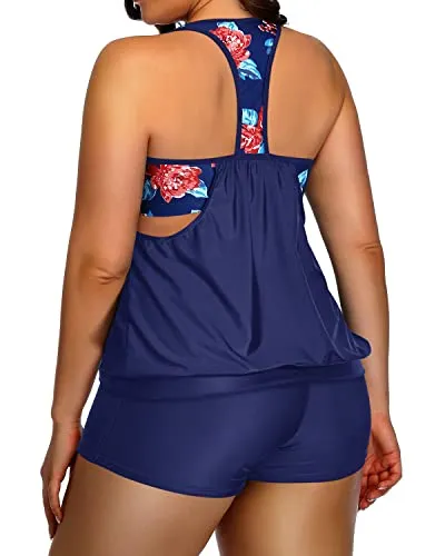 Womens Plus Size Tankini Swimsuit With Blouson Top And Shorts-Blue Floral