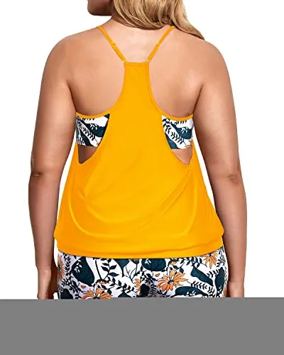 Women's Push Up Tankini Top With Boy Shorts For Plus Size Bathing Suits-Yellow Floral