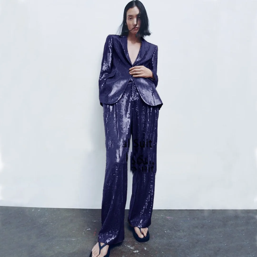 Women's Shiny Sequined Suit 2-piece Suit Slim Fit High-end Custom Prom Formal Set