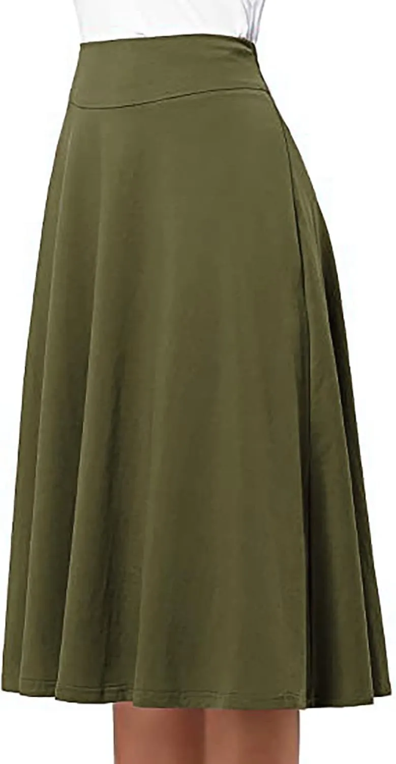Womens Skirt for Going Out Summer High Elastic Waist Solid Color A-Line Knee Length Maxi Skirts for Women Trendy Clothes