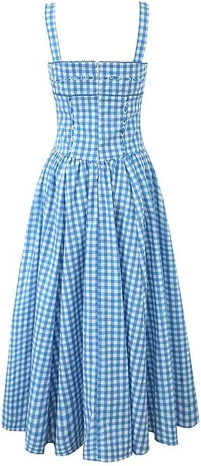 Women's Sleeveless Cocktail Dress Checkered Pocket Square Collar Dresses with Straps and Long Skirt