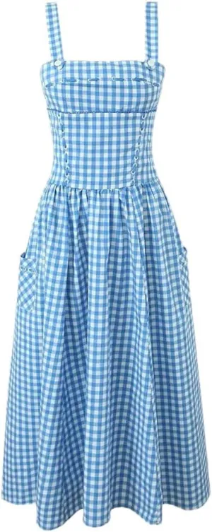 Women's Sleeveless Cocktail Dress Checkered Pocket Square Collar Dresses with Straps and Long Skirt