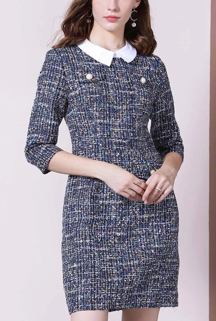 Women's Slim Lapel Collar Tweed Shirt Dress