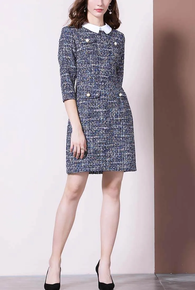 Women's Slim Lapel Collar Tweed Shirt Dress