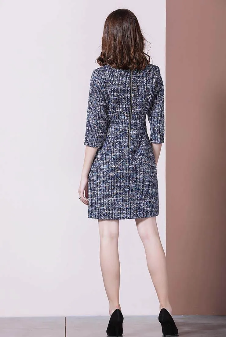 Women's Slim Lapel Collar Tweed Shirt Dress