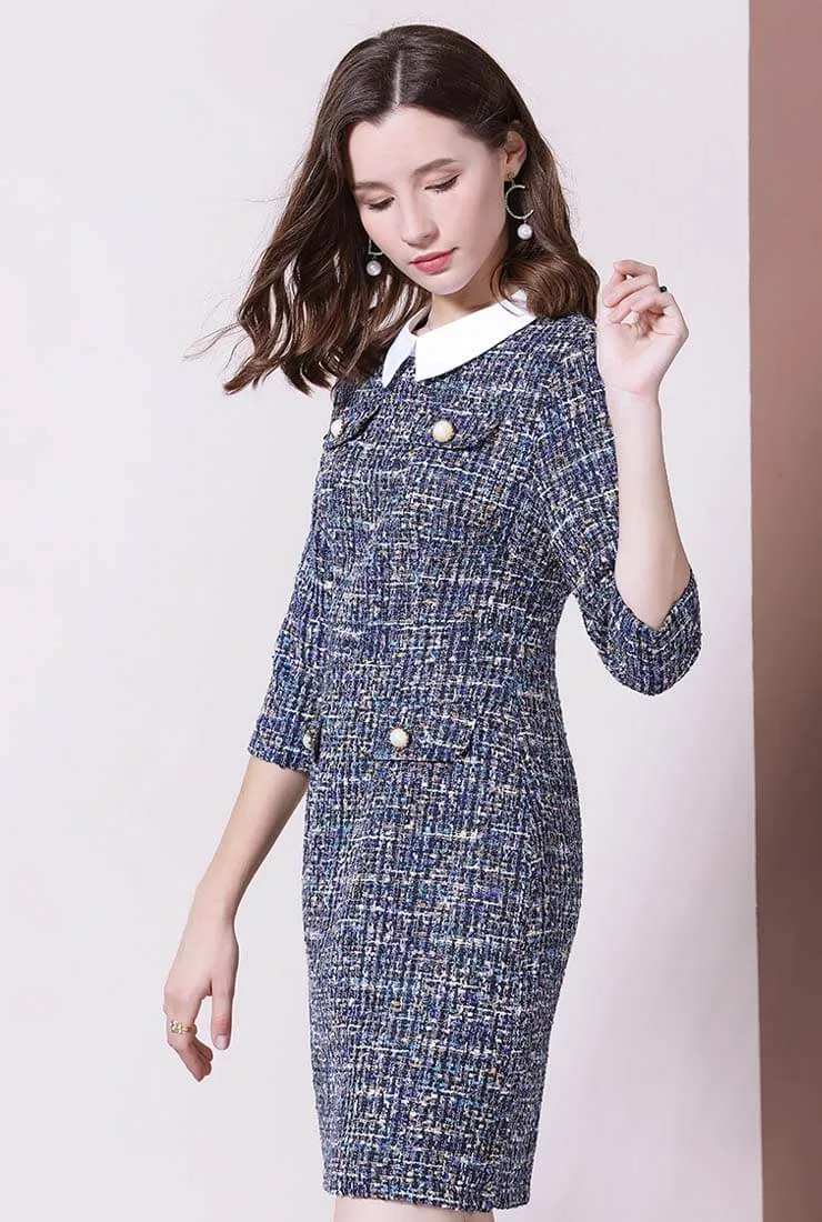 Women's Slim Lapel Collar Tweed Shirt Dress