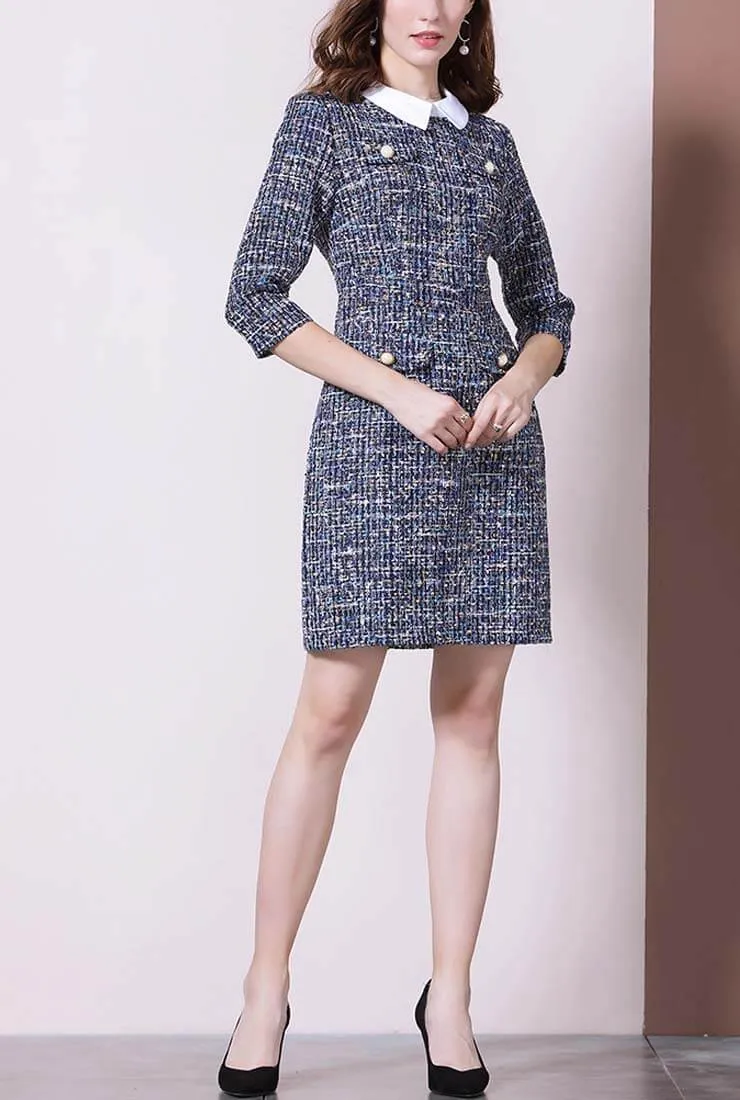 Women's Slim Lapel Collar Tweed Shirt Dress