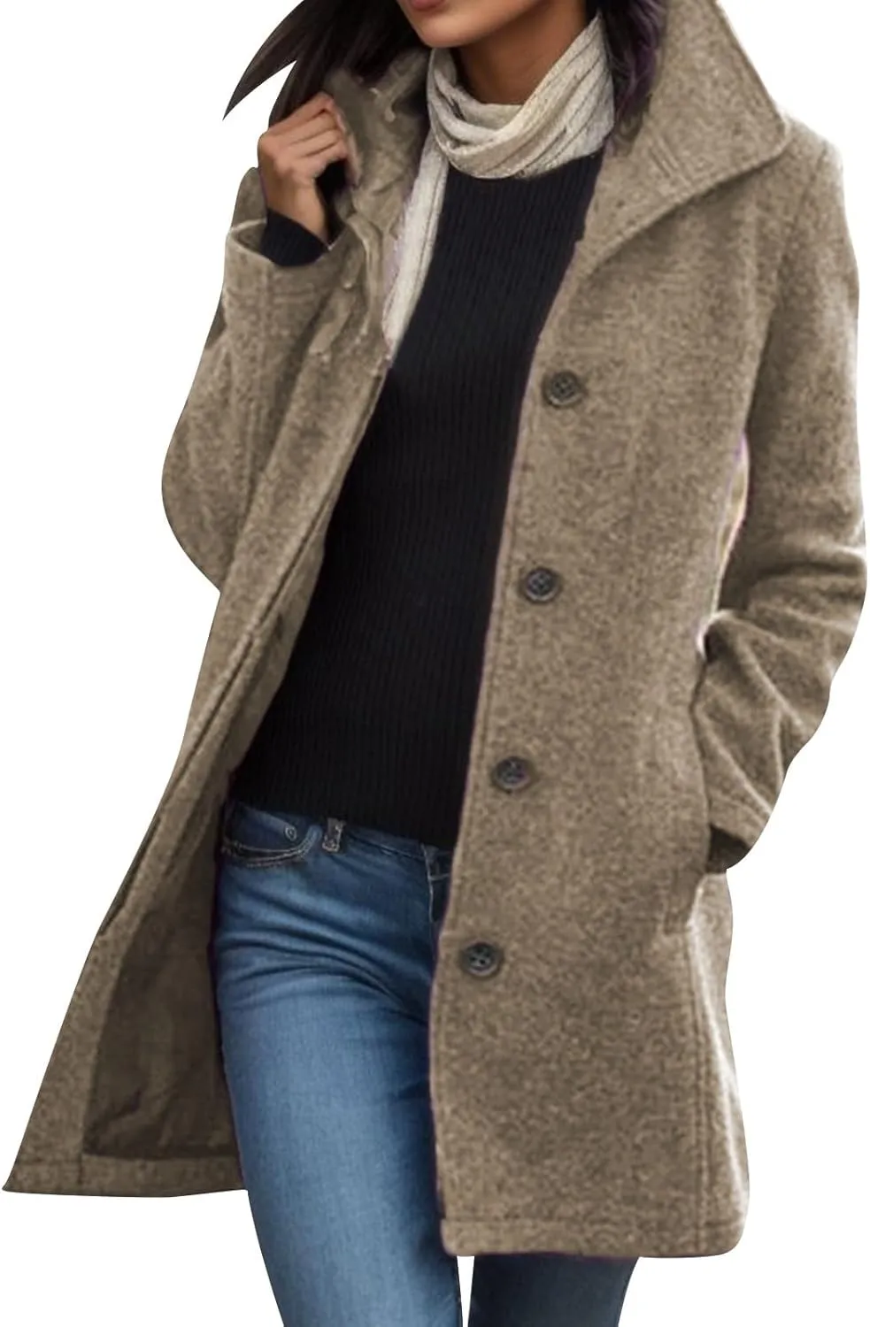 Women's Solid Color Thermal Windbreaker Notched Lapel Single Breasted Thick A-Line Wool Pea Coat with Pockets