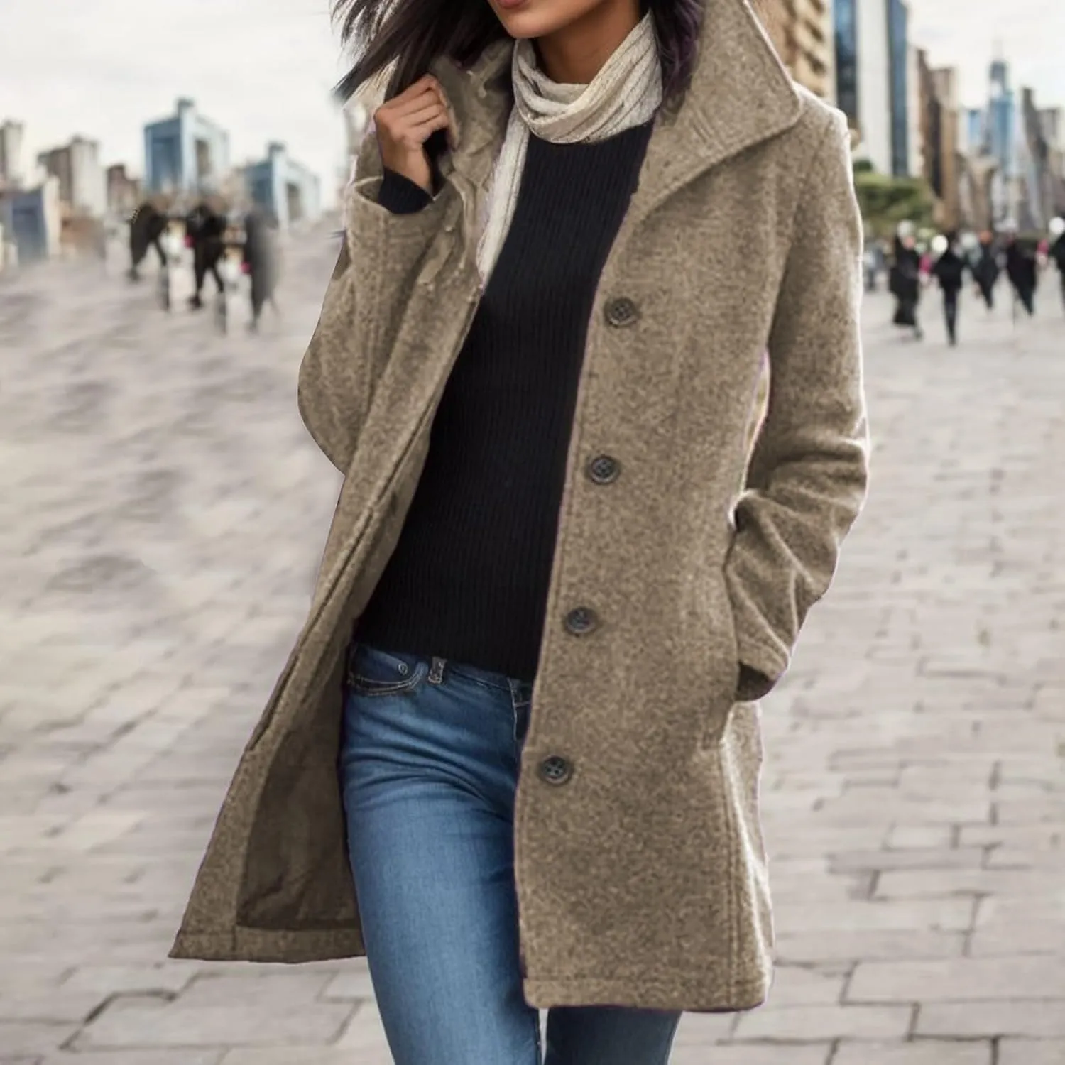 Women's Solid Color Thermal Windbreaker Notched Lapel Single Breasted Thick A-Line Wool Pea Coat with Pockets