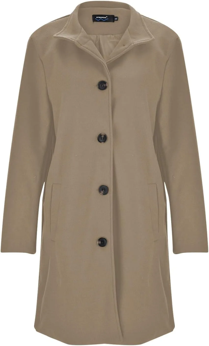 Women's Solid Color Thermal Windbreaker Notched Lapel Single Breasted Thick A-Line Wool Pea Coat with Pockets