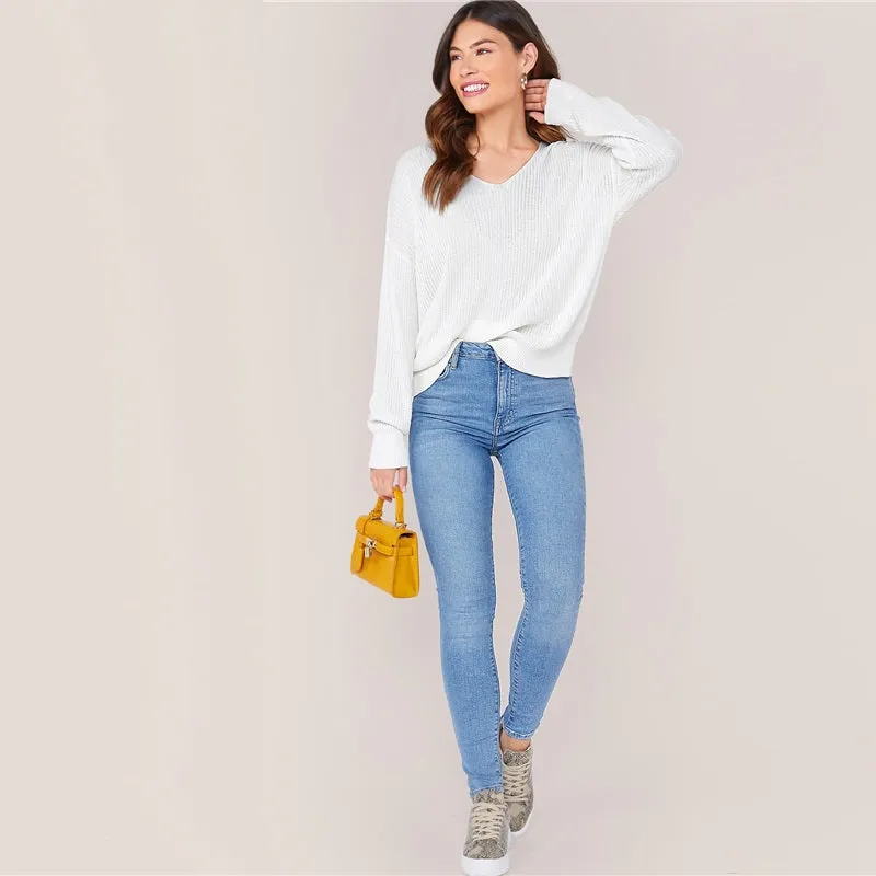Women's Spring Casual Viscose V-Neck Long-Sleeved Sweater