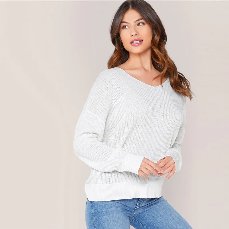 Women's Spring Casual Viscose V-Neck Long-Sleeved Sweater