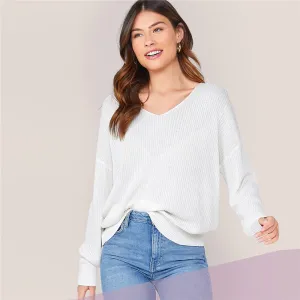 Women's Spring Casual Viscose V-Neck Long-Sleeved Sweater