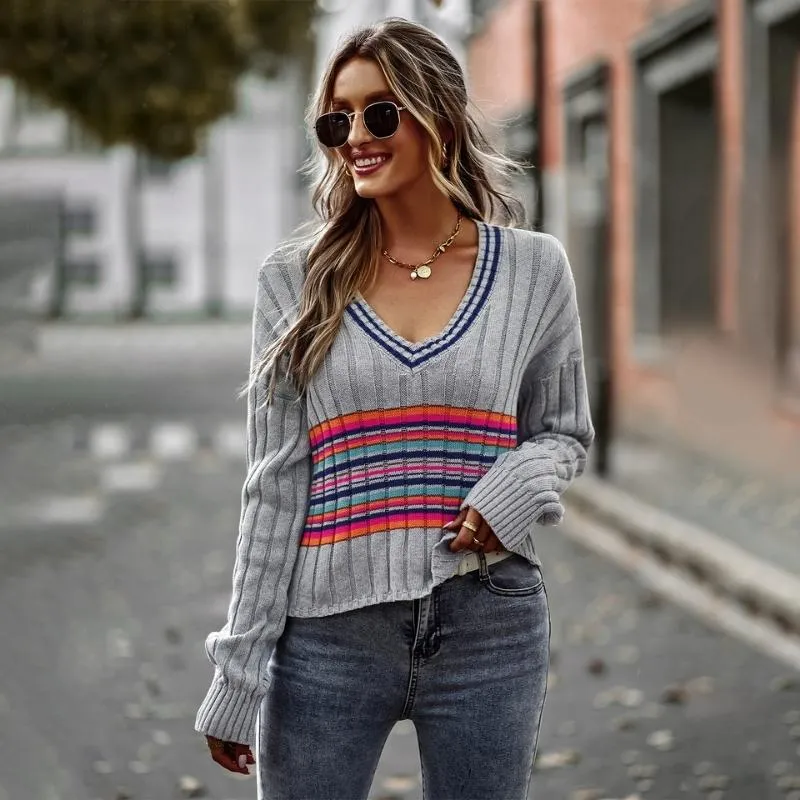 Women's Striped Long Sleeve V-neck Jumpers