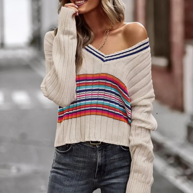 Women's Striped Long Sleeve V-neck Jumpers