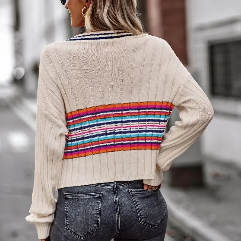 Women's Striped Long Sleeve V-neck Jumpers